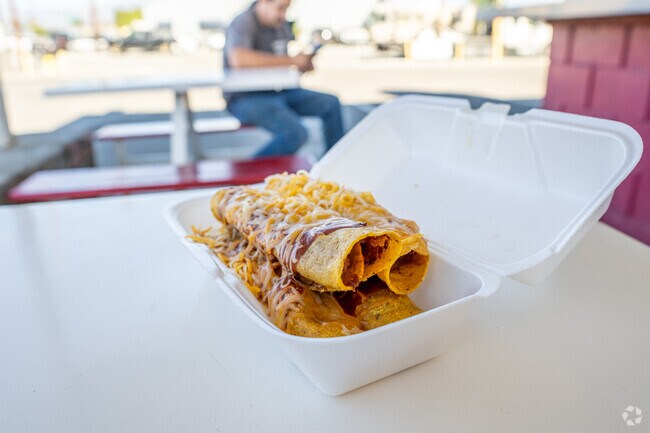 A staple at B&J Drive in is the corn burritos which feature beans, a red sauce and cheese.