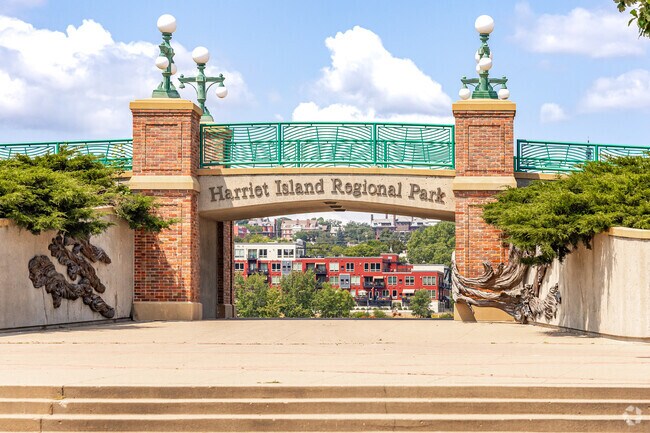 The Harriet Island pedestrian bridge welcomes visitors to the park.
