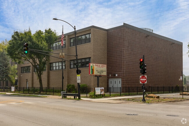 Street view Marcus Garvey Elementary School and sign, Chicago, IL.