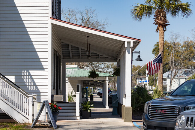 Port Royal's sidewalks are shaded with historic buildings.