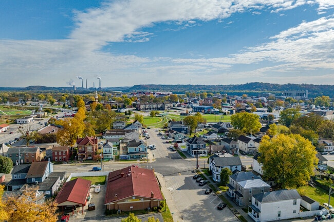 Aerial overview of Lawrenceburg and its homes.