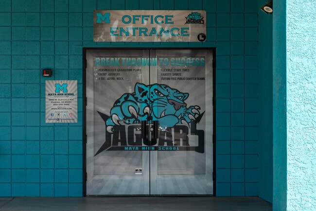 The Jaguar mascot is displayed on the doors at Maya High School in Phoenix, AZ.