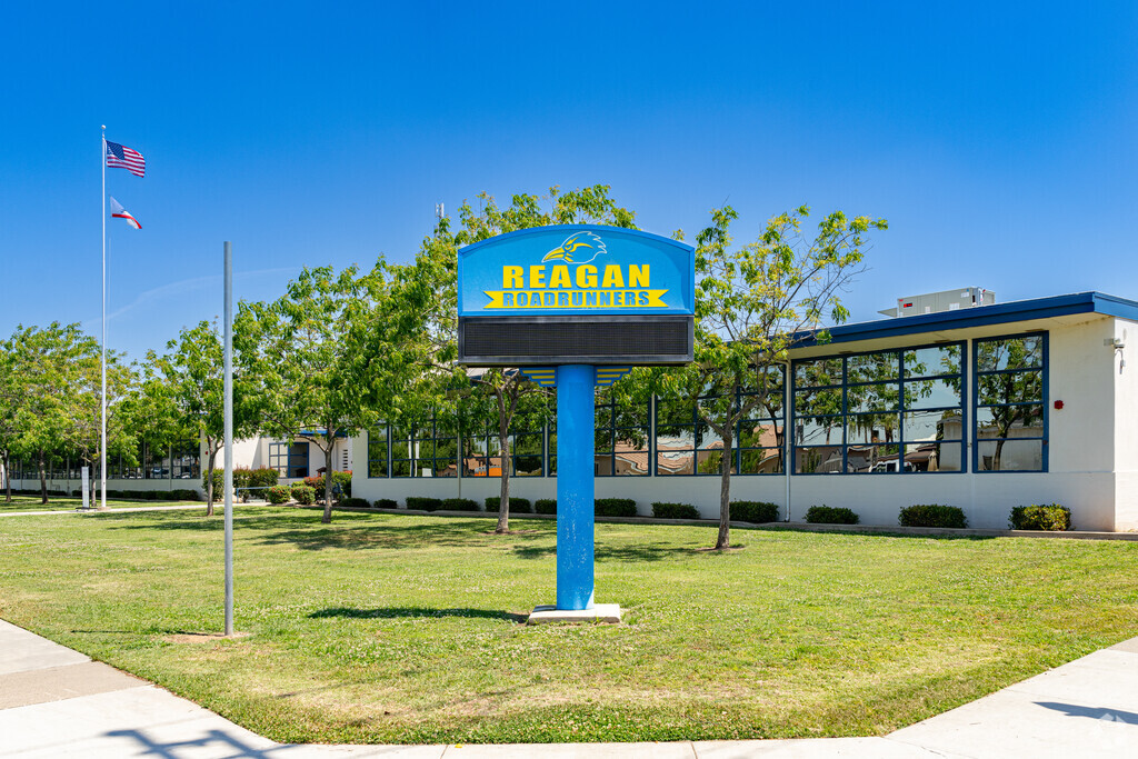 A lighted marquee at the entrance of Reagan Elementary School informs parents of upcoming events