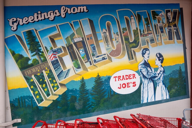 Admire the welcoming Menlo Park mural at the Trader Joe's entrance.
