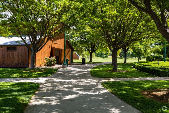 A shady sidewalk in Nielsens Grove Park offers a cool and refreshing path.