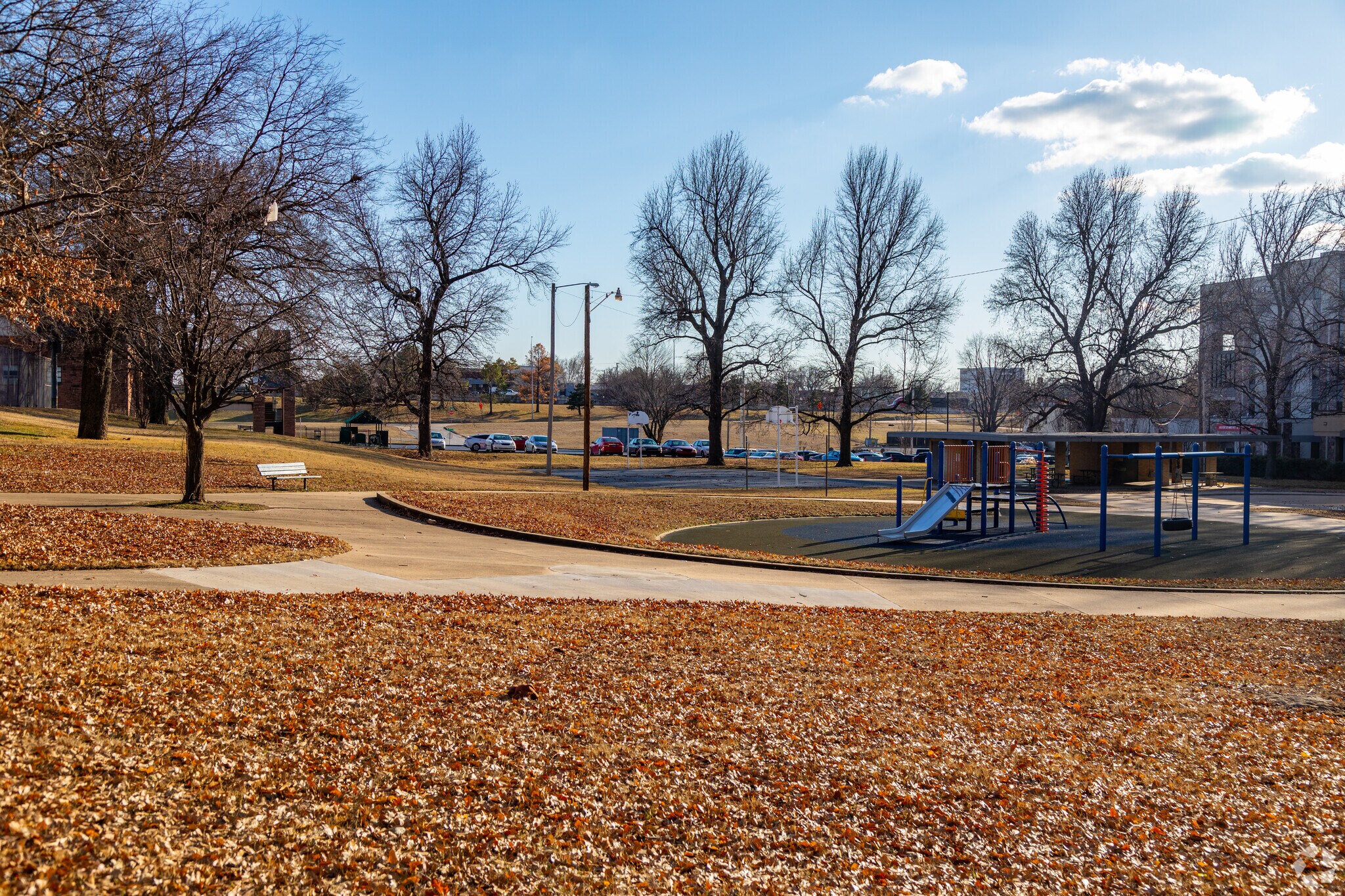 Benedict Park in Forest Orchard of Tulsa, OK has a playground near the parking lot.