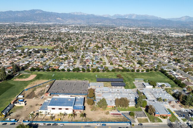 Aerial view of Hollencrest Middle School in the city of West Covina, Ca.