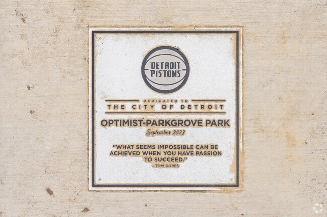 A placard dedicated to the Detroit Pistons can be found at Optimist-Parkgrove Playground.