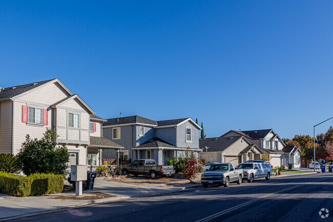 A row of new homes in Bret Harte shows varied styles added over the past decade.