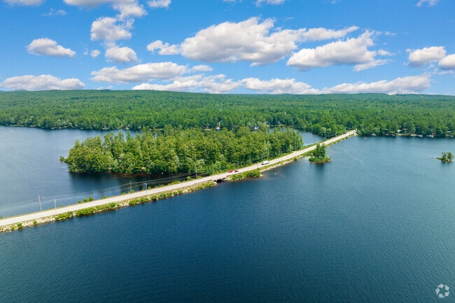 A causeway passes by Sabatis Island along route 302 in Bridgton.