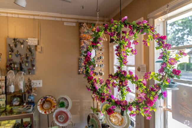 A lovely peace sign hanging in the window of Bellefonte Arts.