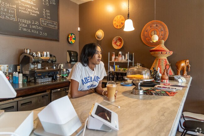 Near Barrio Santa Rosa, Cafe Desta, serves Ethiopian entrees and fresh coffee and tea.