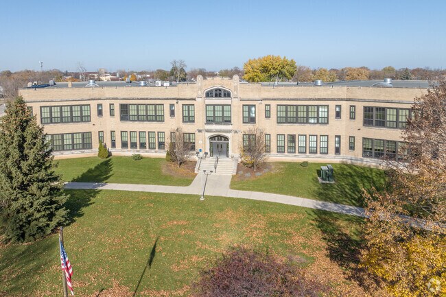 An arched front is an interesting shape of Roosevelt Elementary School.