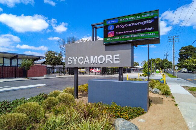 Sycamore Junior High School sign marks campus in Anaheim’s Colony neighborhood.