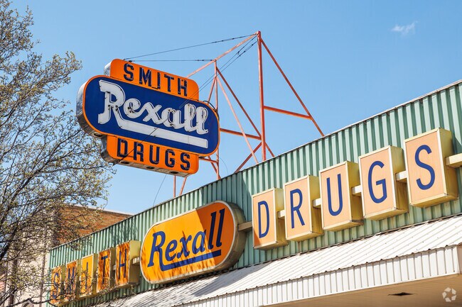 Smith Rexall Drugs stylish storefront is reminiscent of local pharmacies of the past, and is located in the Little Denmark Neighborhood.