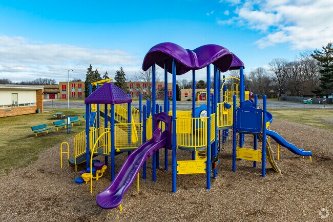 Modern play structures at Kinyon Elementary School.