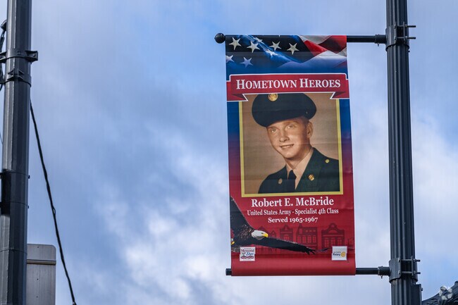 Pulaski Township honors the veterans of the town with banners hanging around the area.
