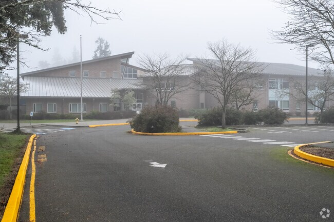 Chase Lake Elementary School in thick fog.