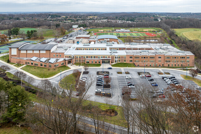 An aerial view shows the sprawling campus of Unionville High School.
