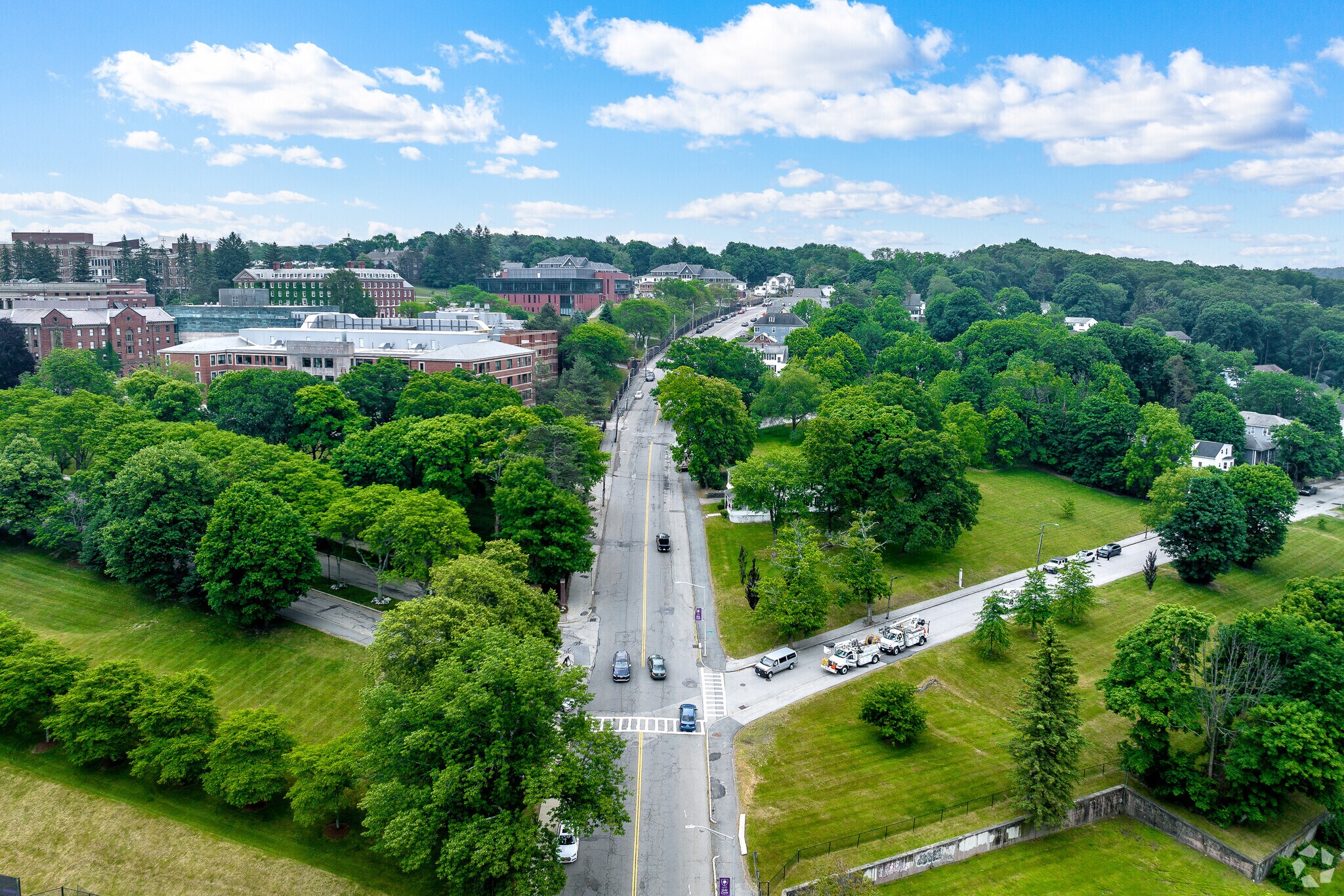 A view of the main road running through North Quinsigamond Village.