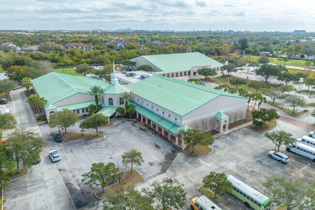 West Gate Christian School is highlighted by is light green roofs.