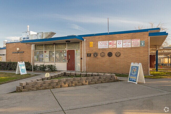 Entrance at Frontier Elementary School shows off their credentials, badges, and rules.
