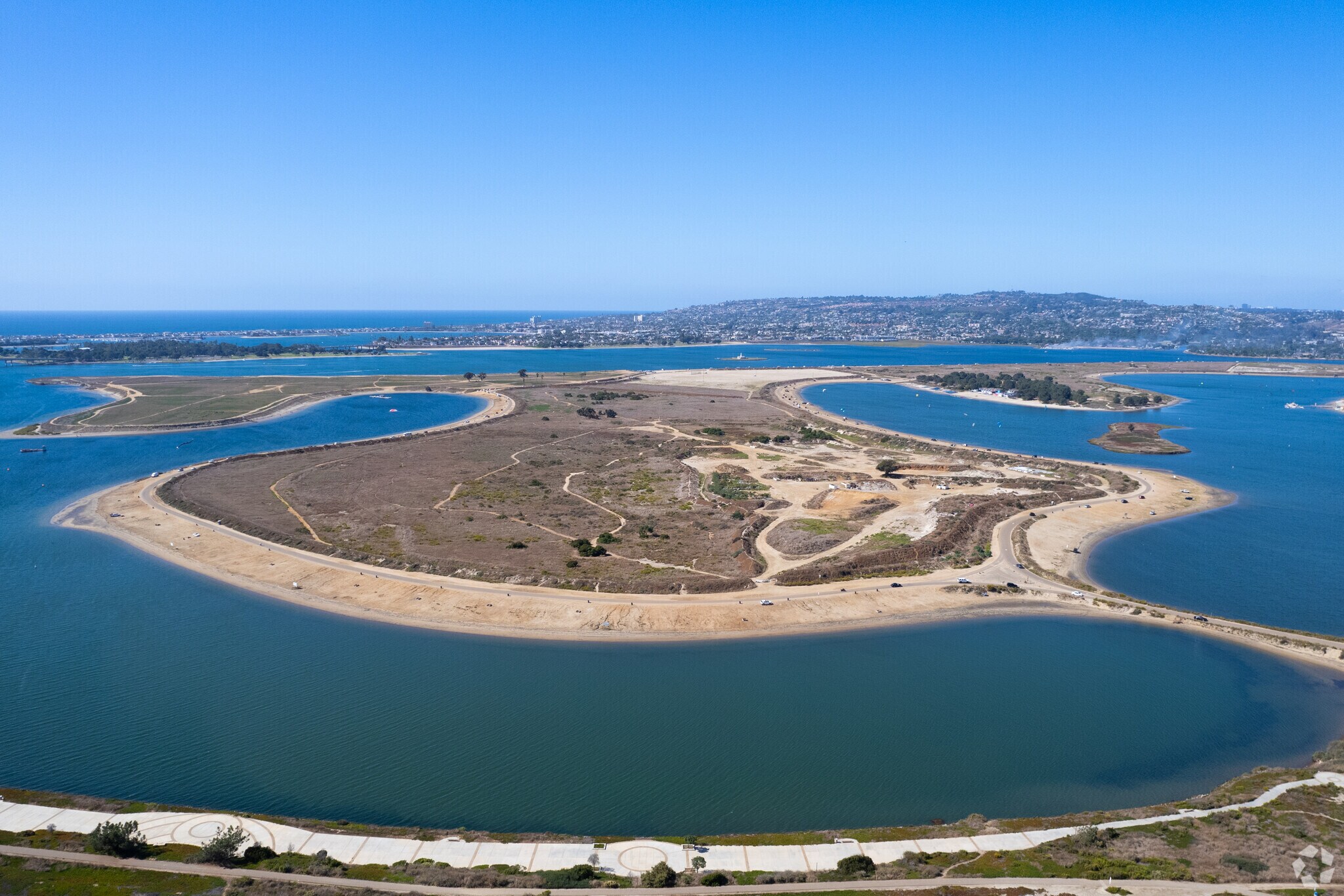 A view of nearby Fiesta Island shows the many options for recreational activities near Bay Park.