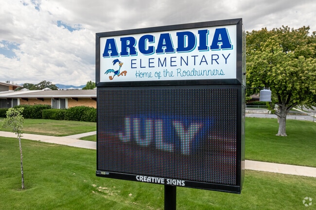 Arcadia Elementary School’s electronic sign displays school announcements.