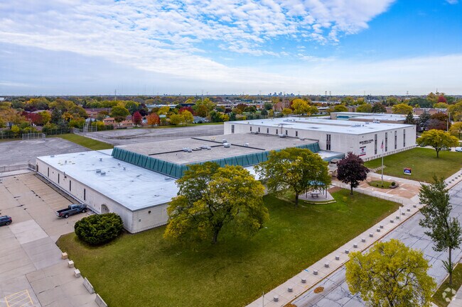 An aerial view of Morse Middle School and Milwaukee in the distance.