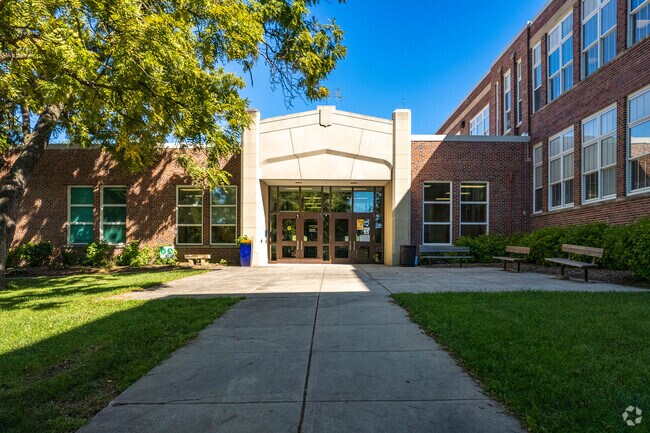 View of the main entrance to Harrison Elementary School.