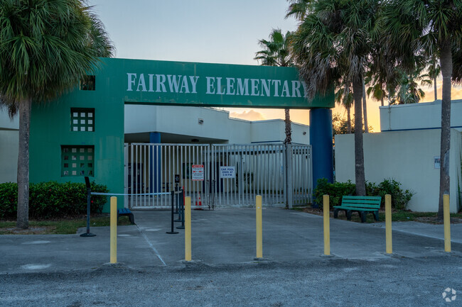Fairway Elementary School entrance at sunset.