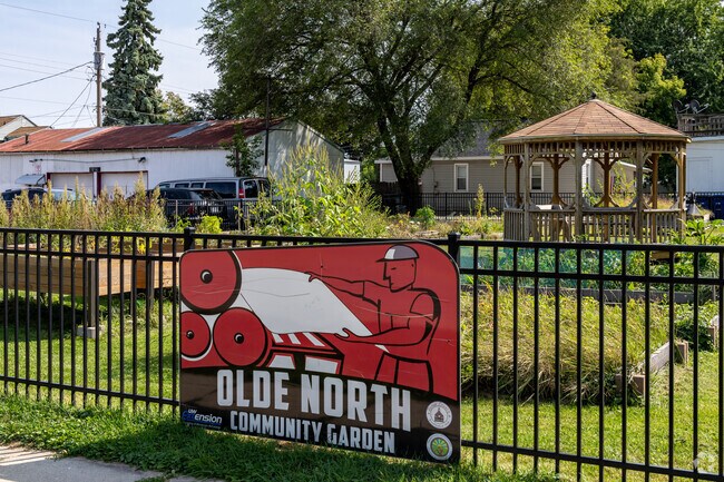 Olde North features a community garden that locals enjoy congregating at.