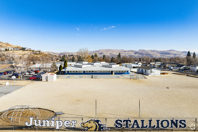 An aerial view of Lena Juniper Elementary School looking due East.
