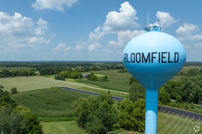 Bloomfield’s water tower rises above quiet subdivisions and natural spaces, reflecting the town’s slower pace of life.