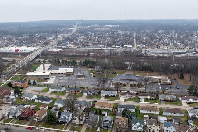 Aerial view of St. Leo the Great Elementary School and the surrounding area.