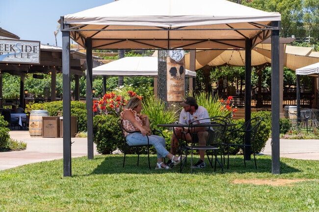 Outdoor seating at Wilson Creek Winery under the covered pergolas.