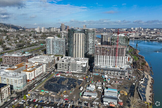 Skyscraper view of new developments in the South Waterfront neighborhood.