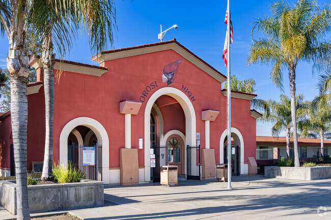 The entrance to Orosi High School is a beautiful example of Spanish style architecture.