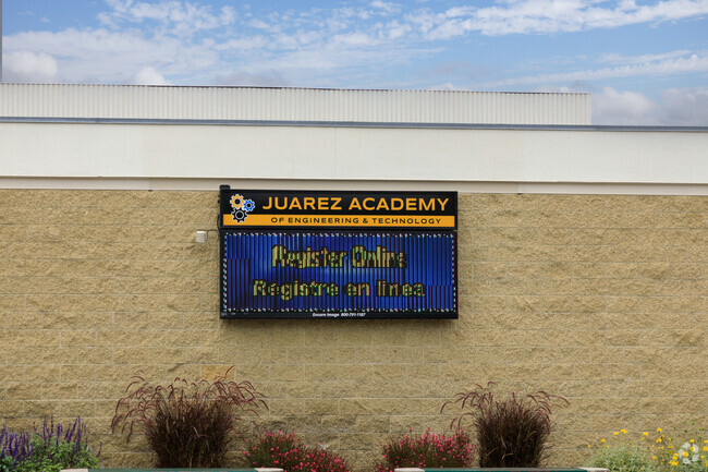 School sign at Juarez Academy of Engineering & Technology in Cerritos.