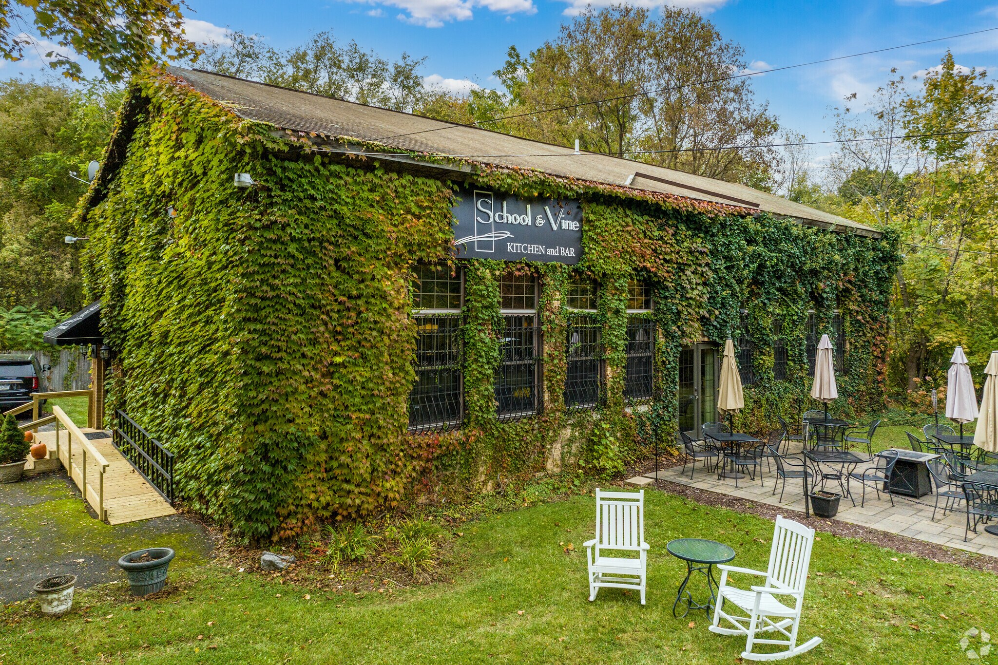 School & Vine Kitchen And Bar is in a magnificent ivy covered gabled farm building in Southwood.