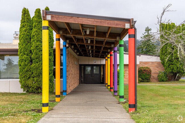 Kalmiopsis Elementary School is located in Brookings and has a colorful entrance for students to walk through.