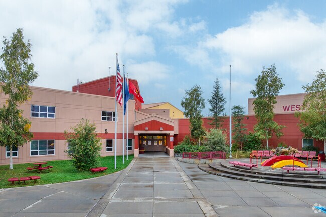 A welcoming entrance is seen at West Valley High School in Fairbanks.