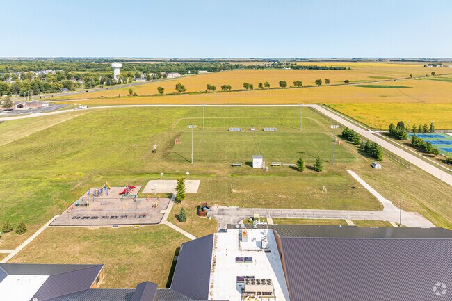 An aerial view of Mt. Zion Intermediate School's green field and playground.