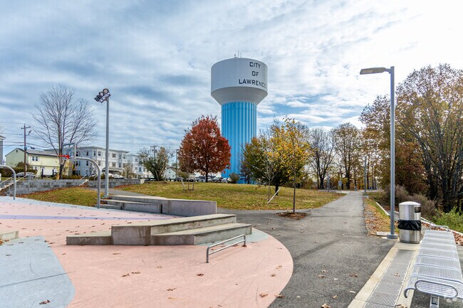 In Prospect Hill-Back Bay, Storrow Park features a small skate park section and is overlooked by the city water tower.