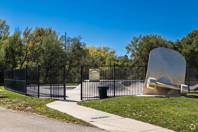 Loren Farr Park has a skatepark with an art installation of a giant skateboard.