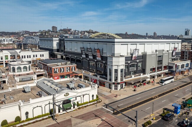 Newport on the Levee shopping mall is a hub for upscale retail and entertainment in Newport, KY.