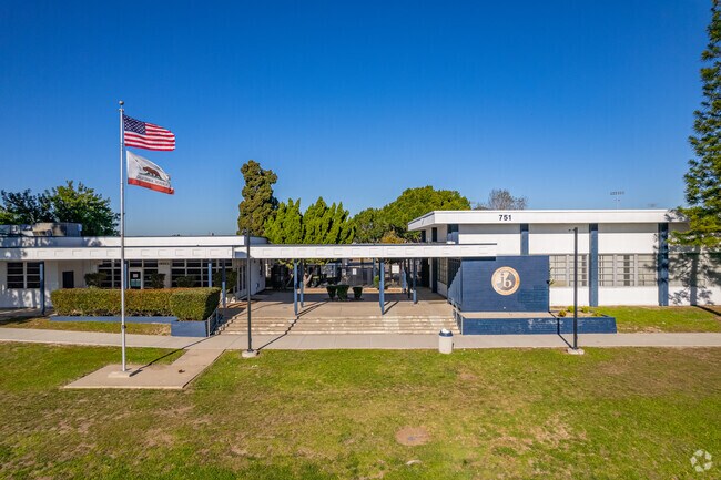 Bonita Vista High School has the U.S. and State flag risen in front in Rancho Del Rey, CA.