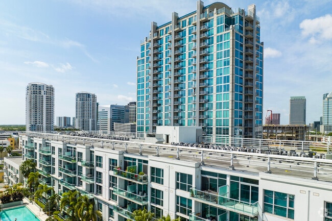 The high-rise apartment building stands out in the Channelside area.