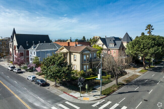 View of historic homes converted into apartment's located in Old Oakland, CA.