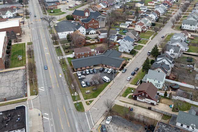 Aerial view of Old Brook High School that sits on the street corner in Old Brooklyn.